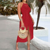 Solare™ Midikleid aus Lochspitze mit Frontschlitz – Rot