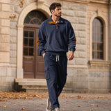 Lars™ Premium-Set aus strukturierter Strickware mit knöpfbarem Stehkragen-Oberteil – Blau