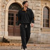 Lars™ Premium-Set aus strukturierter Strickware mit knöpfbarem Stehkragen-Oberteil – Schwarz