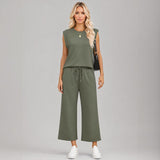 Aya™ Set Tanktop mit markanter Schulterpartie und Cropped Hose mit Kordelzug – Grün