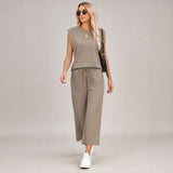 Aya™ Set Tanktop mit markanter Schulterpartie und Cropped Hose mit Kordelzug – Beige