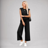 Aya™ Set Tanktop mit markanter Schulterpartie und Cropped Hose mit Kordelzug – Schwarz