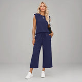 Aya™ Set Tanktop mit markanter Schulterpartie und Cropped Hose mit Kordelzug – Dunkelblau