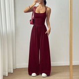Bela™ Langer Jumpsuit mit weitem Bein, Doppelträgern und offenem Rücken – Burgund