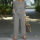 Jade™ Minimalistisches 3-Teiliges Set mit Palazzo-Hose und Langem Cardigan – Grau