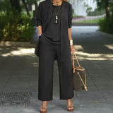 Jade™ Minimalistisches 3-Teiliges Set mit Palazzo-Hose und Langem Cardigan – Schwarz