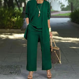 Jade™ Minimalistisches 3-Teiliges Set mit Palazzo-Hose und Langem Cardigan – Grün