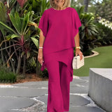 Giorgia™ Set – Bluse mit Lagen-Überwurf und minimalistischer Hose – Rosenrot