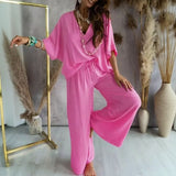 Biarritz™ Set — V-Ausschnitt-Bluse & Palazzo-Hose mit verstellbarem Kordelzugbund – Rosa