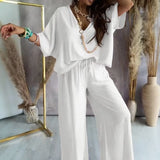 Biarritz™ Set — V-Ausschnitt-Bluse & Palazzo-Hose mit verstellbarem Kordelzugbund – Weiß