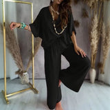 Biarritz™ Set — V-Ausschnitt-Bluse & Palazzo-Hose mit verstellbarem Kordelzugbund – Schwarz