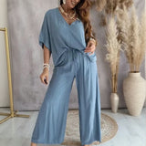 Biarritz™ Set — V-Ausschnitt-Bluse & Palazzo-Hose mit verstellbarem Kordelzugbund – Blau