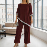 Lola™ Set Oversize-Bluse mit kontrastierendem silbernen Detail und Palazzohose – Bordeaux