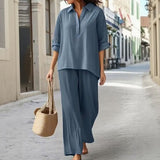 Karin™ Set Langarmbluse mit geknöpftem V-Ausschnitt und Palazzo-Hose – Blau