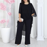 Aurevielle™ Set Mit Asymmetrischer Bluse in Lagenoptik und Weiter Pantalonhose – Schwarz