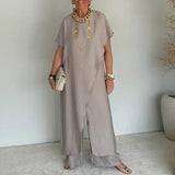 Aurenya™ Set Mit Asymmetrischer Tunika und Fließender Pantalonhose – Grau