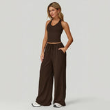 Lunary™ Set Mit Minimalistischem Top und Fließender Pantalonhose – Braun
