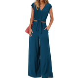 Michelle - V-Ausschnitt Crop Top mit Knoten vorne und weit geschnittene Hose Set – Türkis