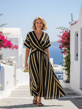 Lina | Kurzarm V-Ausschnitt gestreiftes Wickel-Midi-Kleid – Gestreift