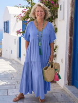 Zinnia | Kurzärmliges gestuftes blaues Maxikleid – Himmelblau