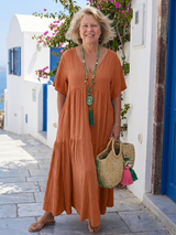 Zinnia | Kurzärmliges gestuftes blaues Maxikleid – Orange