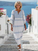 Evadne | V-Ausschnitt Langarm Besticktes Maxikleid – Weiß