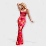 Thalia - Floral Print Prom Dress with Tied Shoulder Straps – Rot
