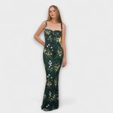 Thalia - Floral Print Prom Dress with Tied Shoulder Straps – Dunkelgrün