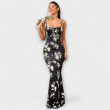 Thalia - Floral Print Prom Dress mit gebundenen Schulterträgern – Schwarz