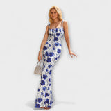Thalia - Floral Print Prom Dress mit gebundenen Schulterträgern – Weißblau