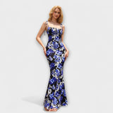Thalia - Floral Print Prom Dress with Tied Shoulder Straps – Marineblau