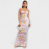 Thalia - Floral Print Prom Dress with Tied Shoulder Straps – Pink Gelb