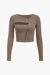 Amira | Asymmetrisches Langarm-Top mit Cut-Out & Knopfdetails – Braun