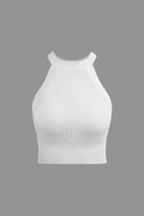 Elise | Racerback Bodycon Geripptes hochgeschlossenes Crop-Top – Weiß