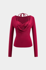 Dakota | Verführerisches Langarm-Top mit drapiertem Ausschnitt und integriertem Neckholder-Bralette – Burgundisch