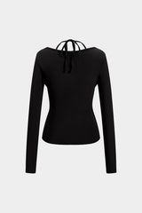 Dakota | Verführerisches Langarm-Top mit drapiertem Ausschnitt und integriertem Neckholder-Bralette – Schwarz