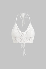Nora | Weiß Handgehäkeltes Boho-Crop-Top mit Neckholder & verstellbaren Bindebändern – Weiß