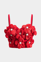 Kristina | Rot Romantisches Bustier-Top mit 3D-Blumen & Strassdetails – Rot