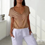 Top Damen - Loose Fit mit V-Ausschnitt und Knöpfen | Elegant – Hellbraun