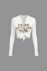 Edith | Stylisches Front-Tie-Shirt mit trendigem Schriftzug und engem Schnitt – Weiß