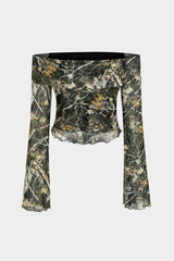Anna | Off-Shoulder Mesh-Top mit Camouflage-Print & Trompetenärmeln – Camouflage