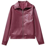 Lederjacke mit reißverschluss und brusttasche für herbst/winter – Dunkelrot