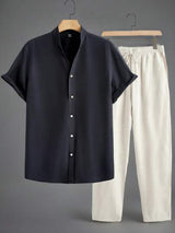 Minimalistisches Herren-Set | Kurzarmhemd mit Stehkragen & Hose – Schwarz