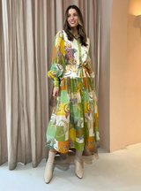 Matilda - Langes Kleid mit Vintage-Print und Polokragen für Damen – Hellgrün