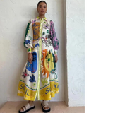 Matilda - Langes Kleid mit Vintage-Print und Polokragen für Damen – Dunkelblau