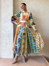 Matilda - Langes Kleid mit Vintage-Print und Polokragen für Damen – Blau