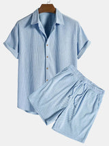 Elegantes Herren Strick-Set in Feinripp-Optik | Hemd & Shorts – Blau