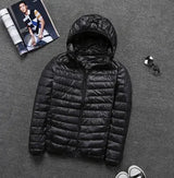 Ultraleichte daunenjacke - kapuze - reibverschluss - leichte pufferjacke winterjacken für männer – Schwarz mit Kapuze