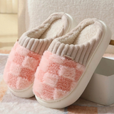 Damen Hausschuhe Flauschiges Textil Kariert – Rosa