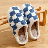 Unisex Hausschuhe Warmes Material Schachbrettmuster – Blau